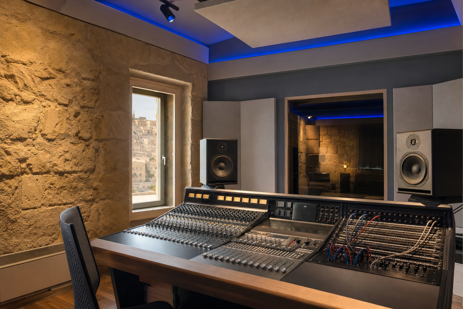 Sala regia dello studio Fonico a Matera con mixer analogico e monitor da studio