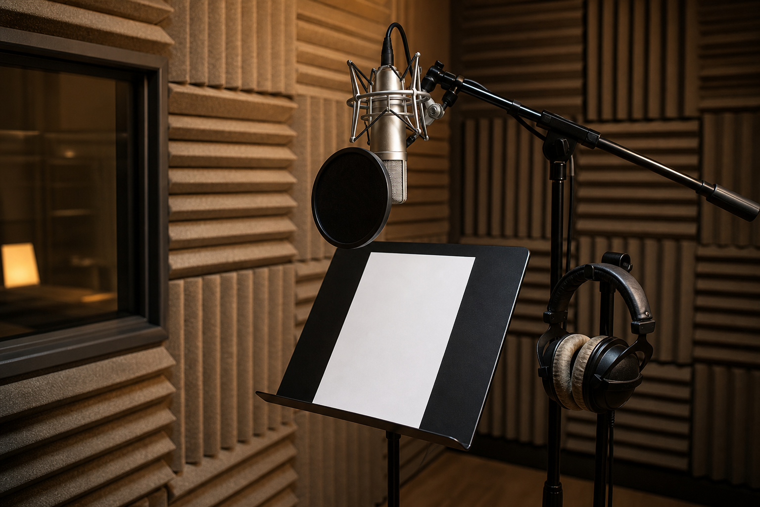 Speaker in cabina di doppiaggio con microfono e leggio durante una sessione di voiceover
