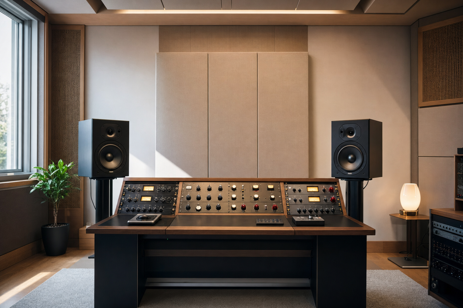 Postazione di mastering con monitor da studio e compressore analogico