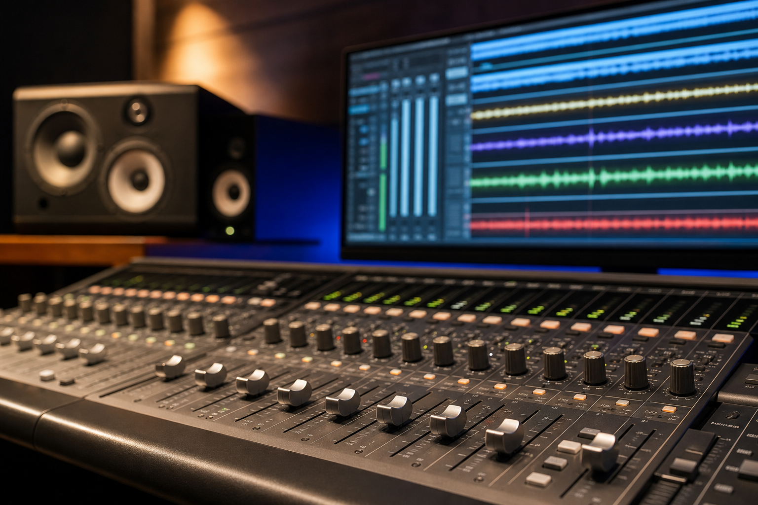 Console di mixaggio con fader e schermo DAW durante una sessione di mix audio