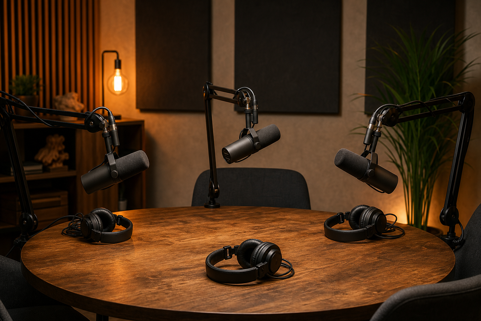 Postazione podcast con più microfoni su asta e cuffie professionali attorno a un tavolo